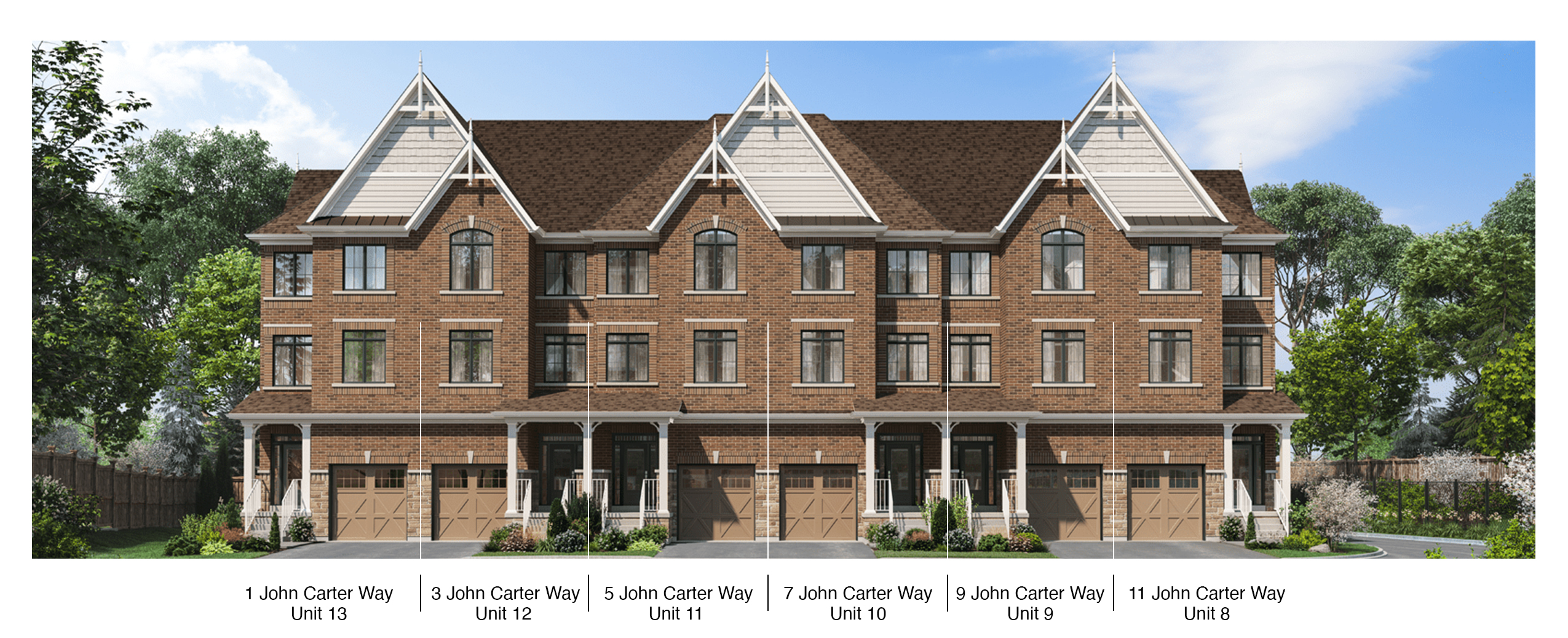 Row of brick townhouses with garages and gables